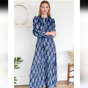 Emerson Fry Frances Dress Small Pressed Flowers Blue Block Print Satin Modal